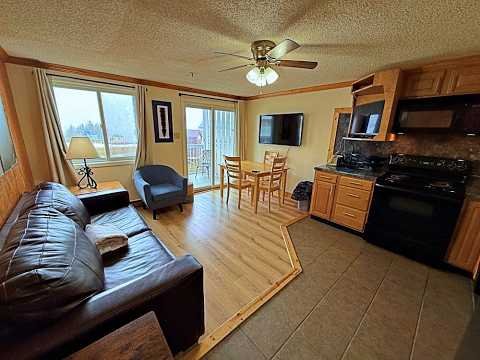 Video tour of a one bedroom, one bath, 455 square foot ski-in ski-out Mountain Lodge condo at Snowshoe Resort, rental ready, listed for $159,900.