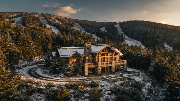 Houses for sale in Snowshoe WV: a ski-in ski-out mountain chalet glowing at golden hour beside snowy trails