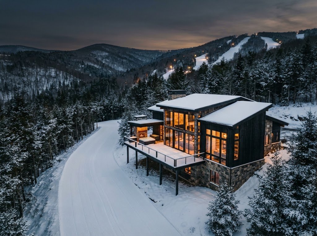 Ski-In/Ski-Out Houses for Sale in Snowshoe WV Ski-in/ski-out house for sale in Snowshoe WV with a groomed trail beside the deck at dusk
